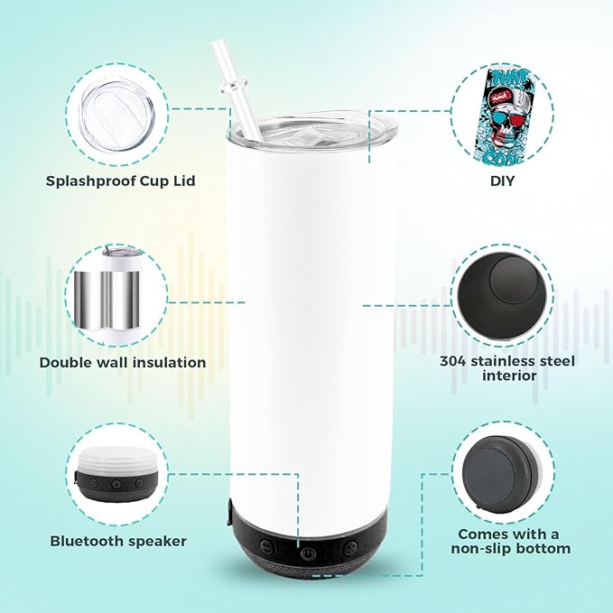 6pack 20oz cups Bluetooth Tumbler with Straw and Lid, Double-Wall Stainless Steel Vacuum Insulation Sublimation Tumbler Blank, RemovableRechargeable Bluetooth Wireless Speaker （Black）