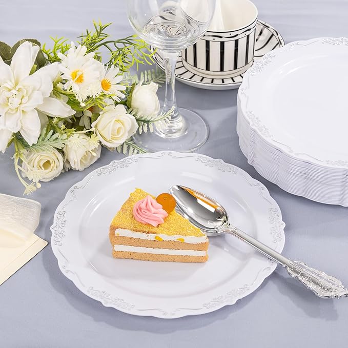 DaYammi 60PCS White and Silver Plastic Plates, Heavy Duty White and Silver Disposable Plates Premium 7.5inch White Dessert Cake Salad Appetizer Platos Hard Plastic Platos Disposable for Party Wedding