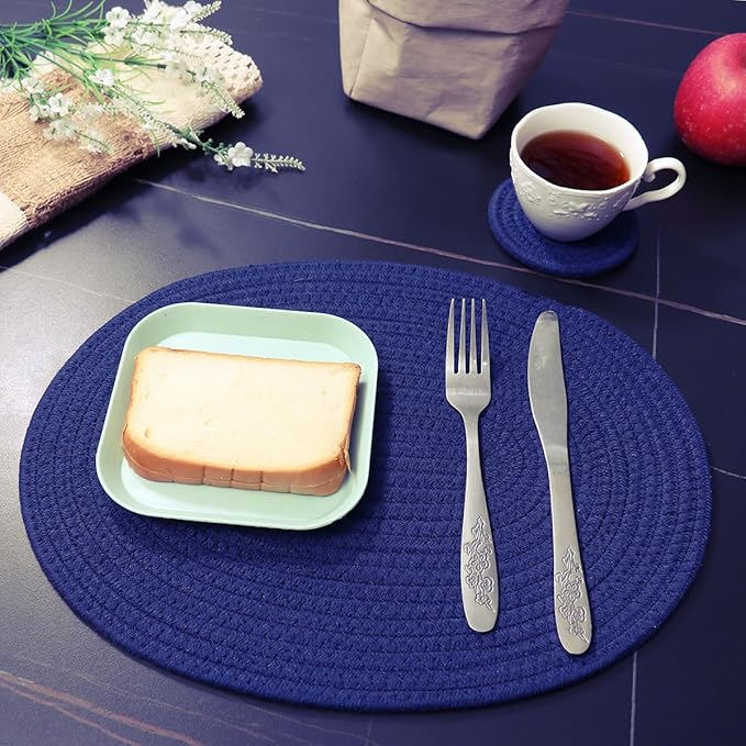 Braided Placemats Set of 4 Cotton Fabric Oval Table Mats Non Slip Washable 16 * 12 inch Oval Place Mats, 4 Pack Blue Rope Woven Placemats