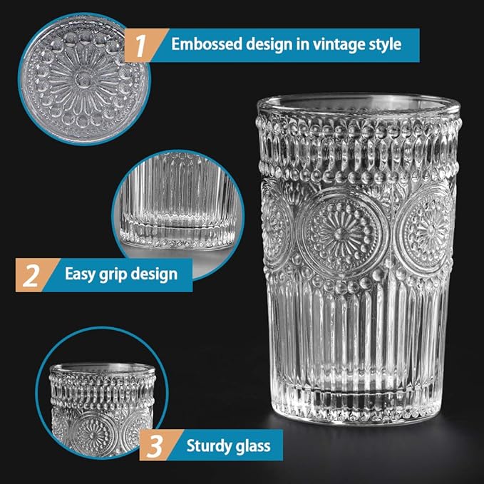 MDLUU Embossed Water Glasses, Romantic Glassware, Vintage Drinking Glasses, Glass Tumblers for Juice, Beverages, Cocktail, Capacity 12.5oz/370ml, Set of 4