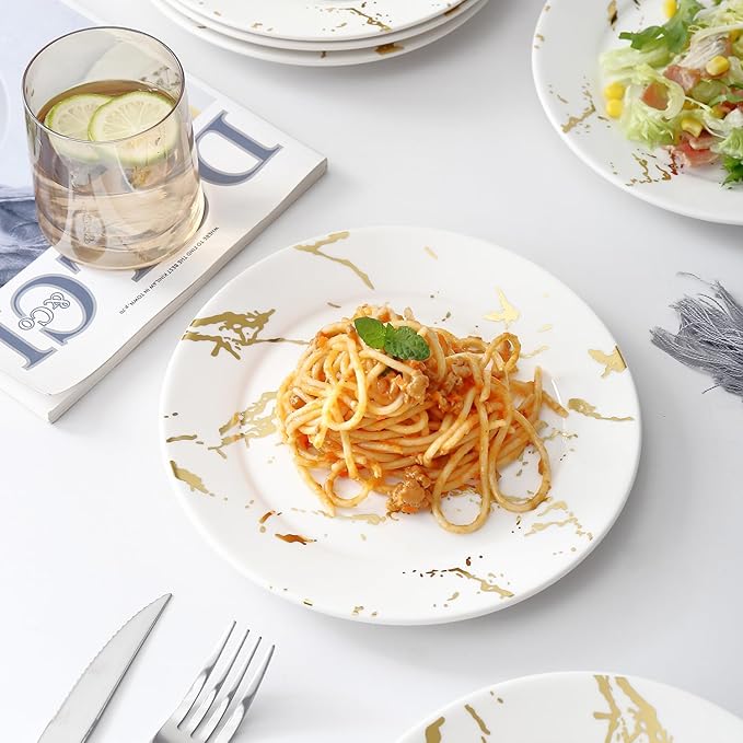 Modern 6-Piece Dinner Plate Set, 10-Inch White Marble Ceramic Plates with Gold Rim, Elegant Appetizer Salad Dessert Plates for Everyday Dining & Party.