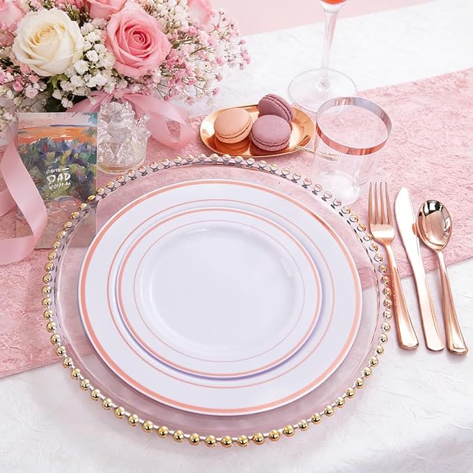 WDF 120 pieces Rose Gold Plates Disposable - Heavy Duty Rose Gold Plastic Plates Perfect for Valentines Day, Mother's Day, Wedding, Birthday