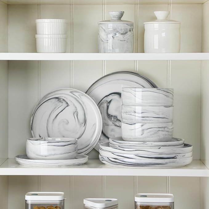 MALACASA Plates and Bowls Sets, 12 Pieces Porcelain Dinnerware Sets Dishware Sets Chip Resistant Ceramic Dish Set Dining Dinner Ware Service for 4, Marble Grey, Series LUNA