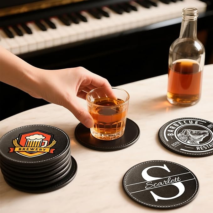 Custom Personalized Leather Coasters - Set of 6 | DIY Name, Photo, or Logo Coasters for Coffee Table, Bar, Beer, Wine | Ideal Housewarming Gift, Brown