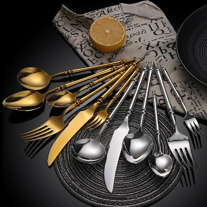 Gold Silverware Set for 8 Premium 18/10 Stainless Steel Flatware Set 32 Piece Include Knives Forks and Spoons Cutlery Utensils Light Luxury Vintage Style for Home Kitchen Christmas Restaurant