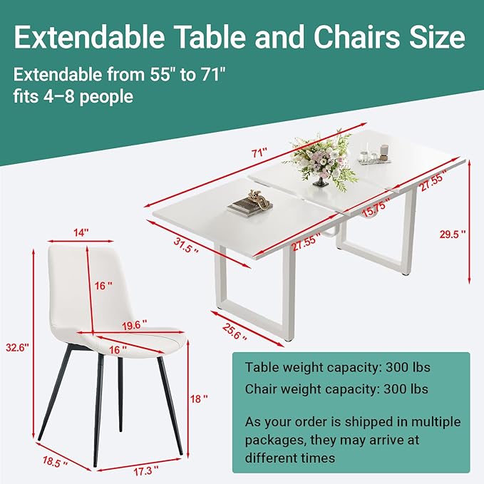 White Dining Table Set for 6, 55"-71" Extendable Dining Room Table Set for 6, Modern Kitchen Table with 6 Upholstered Chairs, Space-Saving for Dining Room Apartment, Easy Assembly