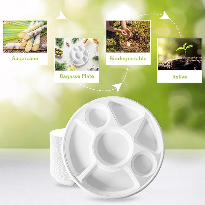 three leaf 7 COMPARTMENT BAGASSE ROUND PLATE, 200 Ct. Heavy-Duty- Super Strong- Natural- Eco-Friendly Disposable Bagasse Plates, 100% Biodegradable 7 compartment plates
