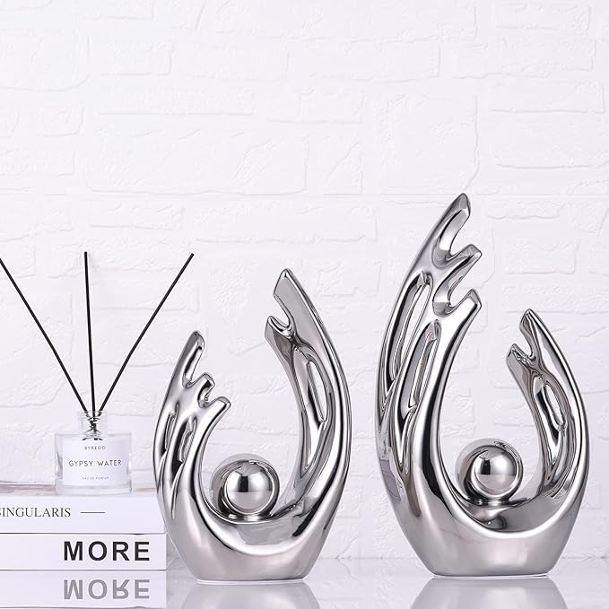 LCCCK 9.5" H Silver Aesthetic Room Decor Accent, TV Stand Funky Table Centerpiece, Abstract Art Ceramic Statue and Sculpture, Silver Decor for Living Room, Bookshelf Decorative Objects, Shelf