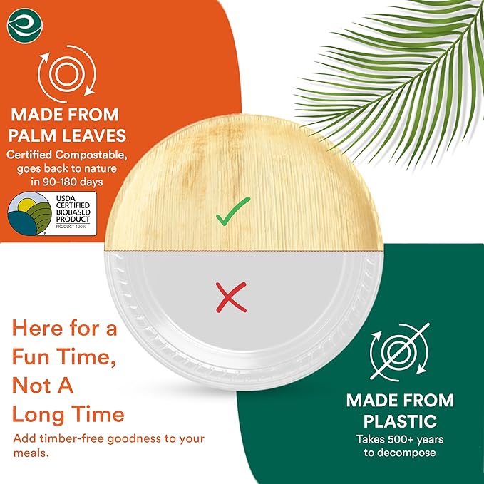 ECO SOUL Palm Leaf Plates 6" Round (50 Count) - Disposable, Eco-Friendly, Biodegradable Bamboo Appetizer Plates - Perfect Dinnerware for Parties, Weddings, Events & Holidays