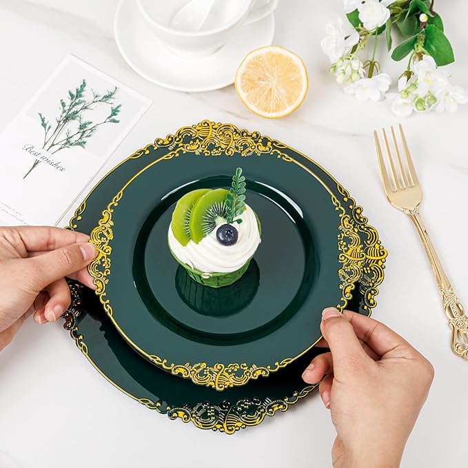 102PCS Green Plastic Plates - Green and Gold Plates - Fancy Heavy Duty Disposable Plate - Heavyweight Dinner & Dessert Plate for 51 Guests for Party & Wedding