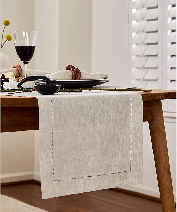 Solino Home Linen Table Runner 90 Inches Long - 100% Pure Linen Light Natural Table Runner 14 x 90 Inch for Spring, Easter - Classic Hemstitch