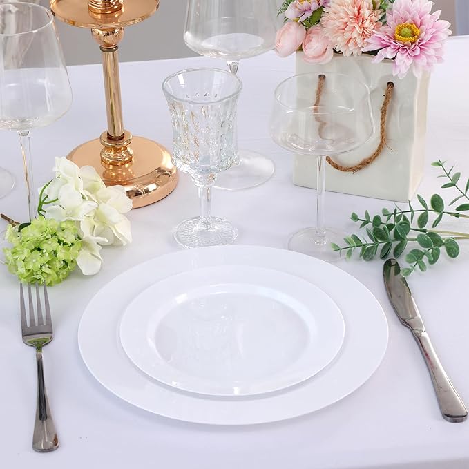 Moretoes 100PCS White Plastic Plates Disposable 10.25inch Dinner Plates and 7.5inch Dessert Salad Plate Heavy Duty Plate for Wedding Party and Birthday