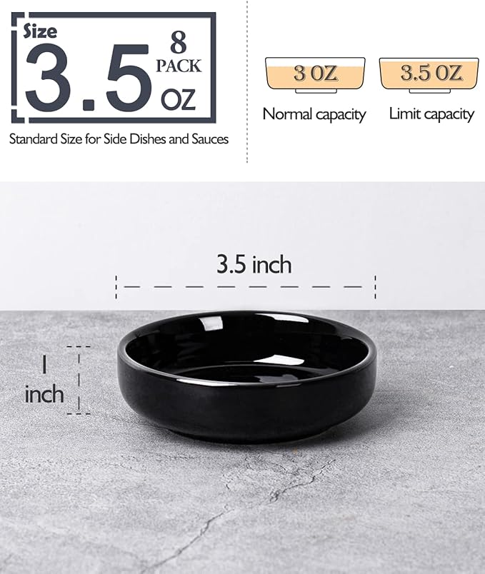 DELLING 8 PACK Dipping Bowls Set, Ceramic Dipping Sauce Dishes, 3.5 Oz Soy Sauce Dish, Side Dish Bowls, Small Bowl/Dish for BBQ, Condiments, Appetizer, Dessert, Sushi, Party - Black