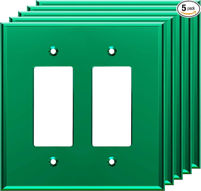 LIDER Double Decorator Wall Plate, Impact Resistant, Mirrored, Plexiglass Dual Outlet Cover or Light Switch Cover, Acrylic, Reflective Finish, Modern, Oversized 2-Gang 5.25" x 5.25", Green, 5 Pack
