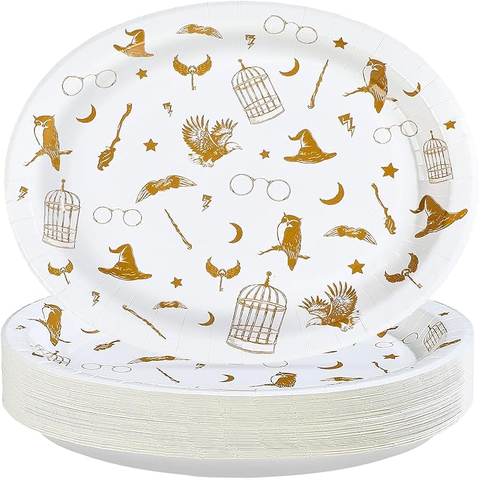 50Pcs Magical Oval Paper Plates 10" x 12" Large Disposable Heavy Duty Golden Wizard Theme Paper Platters Fantasy Magic Dessert Plates for Boy Girl Magical Wizard Themed Birthday Party Supplies