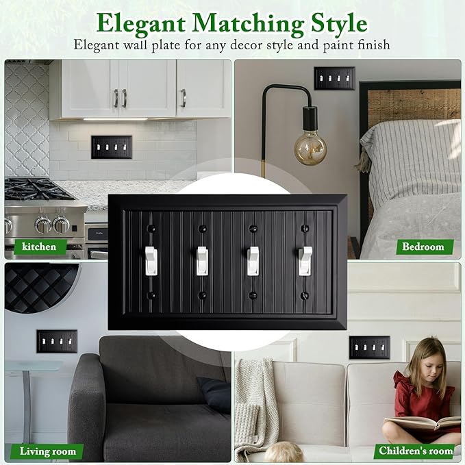 Beadboard Outlet Covers Wall Plates, Bamboo Fiber Light Switch Covers, Natural Material Electric Receptacle Decorative Switch Plate Outlet Cover Matte Black (4 Gang Toggle 1 Pack)