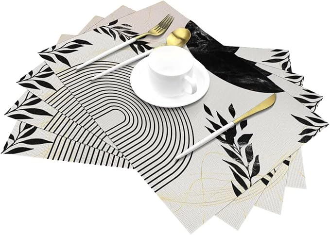 Boho Mid Century Leaf Placemats,Arch Sun Design,Minimalistic Leaves Pattern Luxurious Washable Place Mats 12x18Inch for Dining Kitchen Farmhouse Decor 6 PCS
