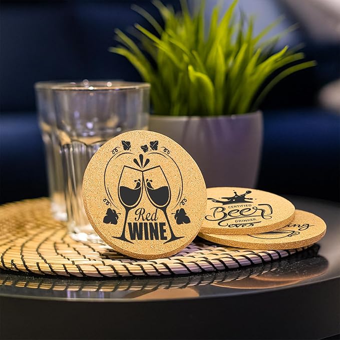 Coasters for Drinks with Holder Set of 6, Coffee Pattern Cork Coaster Absorbent for Desk Office Cup Table Coasters Kitchen Decor House Warming Gifts for New Home Couples, Round 4"