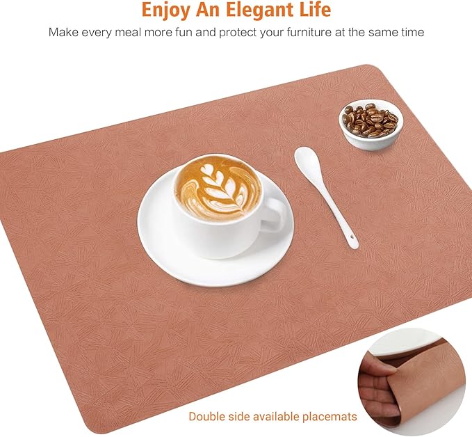 Vinyl Placemats Set of 8 Heat Resistant Easy Clean Non-Slip Place Mats for Dining Table. Faux Leather Waterproof Stain Resistant Wipeable Washable PU Table Mats(8, Coral)