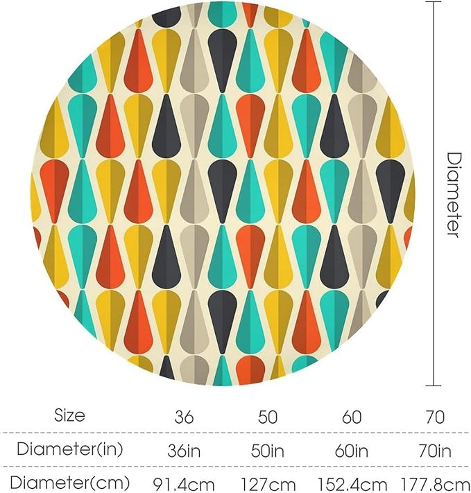 Vintage Bohemian Mid Century Round Tablecloth, Retro 50s 60s Geometric Pattern Print Tablecloth for Home Party Dining Room Kitchen Decor 70Inch(178cm)