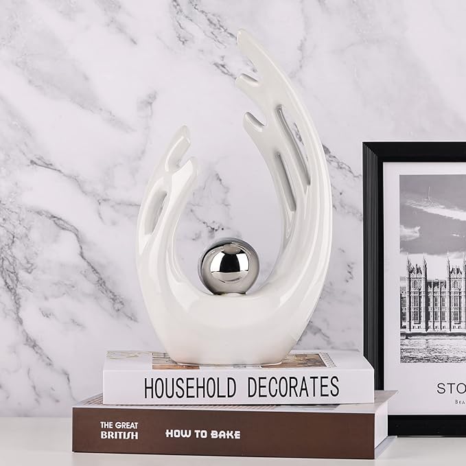 12" H White Silver Aesthetic Room Decor Accent, TV Stand Funky Table Centerpiece, Abstract Art Ceramic Statue and Sculpture, Silver Decor for Living Room, Bookshelf Decorative Objects, Shelf Decor