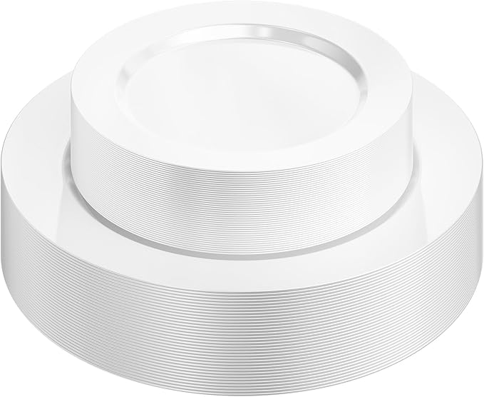 Quatish 60 Pcs White Disposable Plastic Plates for Party,Wedding Plate Includes 30 Pes 10.25 Inch 30 Pes 7.5 Inch Heavy Duty Dinner & Dessert Plates, Perfect for Festivals,Picnics
