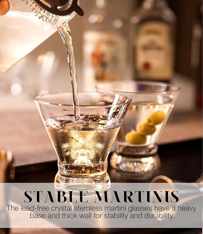 LUNA & MANTHA Martini Glasses Set of 2, Stemless Martini Cocktail Glasses for Margarita, Manhattan, Cosmopolitan, Home Bar, Evening Parties, Birthdays, Housewarming Gift, Crystal Clear 8 OZ