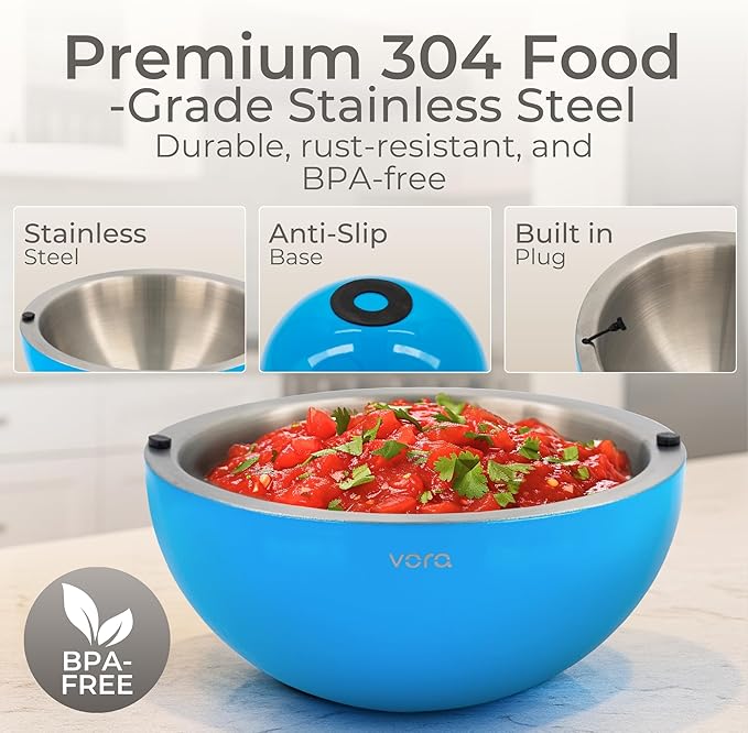 Vora 35oz Stainless Steel Dip Chiller Bowl Keep Dips, Salads, and Appetizers Perfectly Cold with a Double-Walled Ice Cavity Insulated Serving Bowl and Leak-Resistant Ice Bowl for Effortless Hosting.