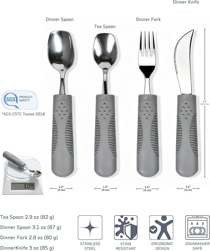 4-Piece Weighted Adaptive Utensils Set with Rocker Knife & Shovel Spoon - 3 oz Weighted Silverware for Hand Tremors, Parkinsons Utensils, Easy Grip Handles for Arthritis and Elderly (Grey)