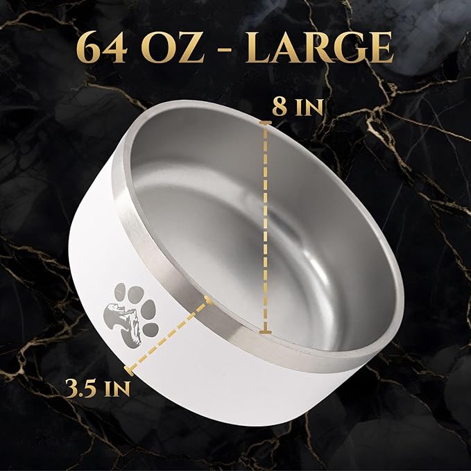 Stainless Steel Dog Bowl for Small-Large Dogs | Double Wall Insulated, Non-Slip Base Heavy Duty Water and Food Bowls for Dogs & Cats | Pet Safe BPA Free & Dishwasher Safe | 64 Oz - White