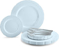 " OCCASIONS " 150pcs set (25 Guests)-Extra Heavyweight Vintage Wedding Disposable/Reusable Plastic Plates -25 x 11'' + 25 x 8.25'' +Silverware (Chateau Collection in Blue)