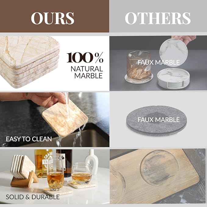 Koville Marble Coasters Set of 5, Square Coasters with Holder for Drinks, 4" Cup Coaster for Coffee Table Home Office Bar Decor, Heat Resistant Decorative Drink Coaster (White&Gold)