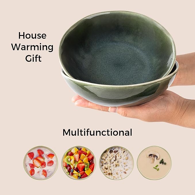 AmorArc Ceramic Cereal Bowls Set of 6, 24 oz Handmade Stoneware Bowls for Cereal Soup Salad Bread, Stylish Kitchen Bowls for Meal, Dishwasher & Microwave Safe-Earth Green