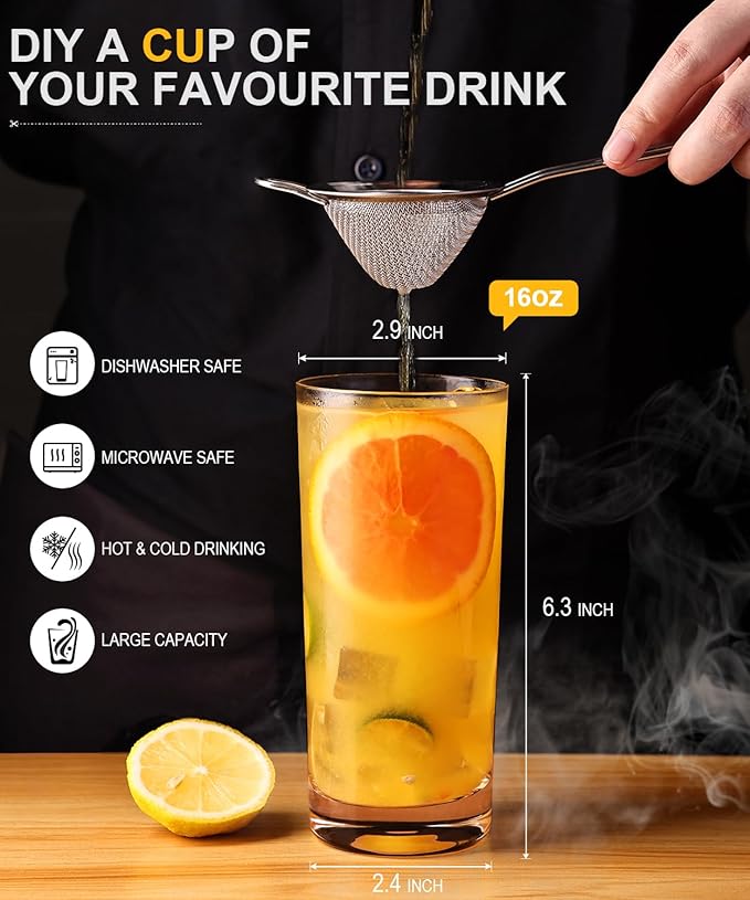 LUNA & MANTHA Drinking Highball Glasses Set of 12, Water Glasses 16 oz, Wide Mouth Design Lead-Free Crystal Glassware, Tall Glass Cups for Mojito and Tom Collins, Cocktail
