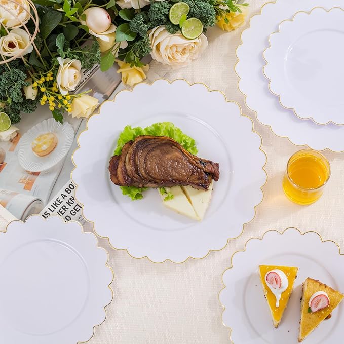 LIYH 120 Pcs White Plastic Scalloped Plates - Gold Fancy Disposable Plastic Plates Includes 60 Dinner 10.25" & 60 Dessert Plate 7.5" Elegant Gold Rim for Party Birthday Valentines Day