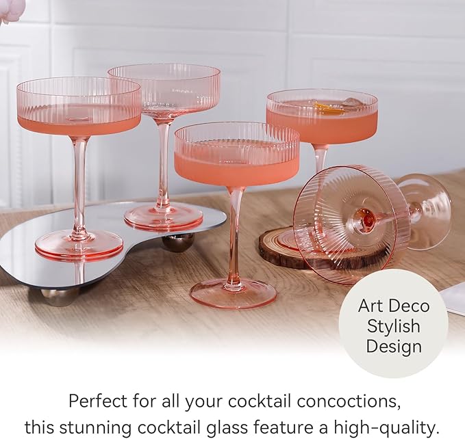 9 oz Pink martini glasses Vintage Art Deco Blush Pink Coupe Glasses Set of 6 Pink Ribbed Cocktail Glasses for Espresso Martini, Champagne,Cosmopolitan,Manhattan,Cocktail
