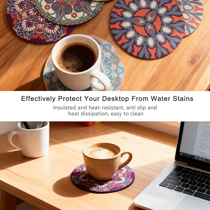 Round Coasters Set of 6,Non Slip Rubber Coasters for Drinks,Mandala Pattern Design Coaster for Coffee Table Wine Glass Home Bar 4.7 Inch