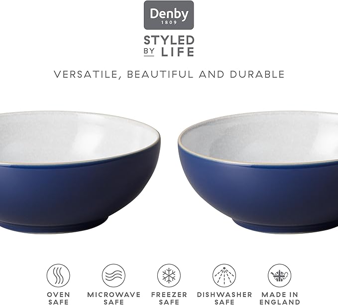 Denby - Elements Dark Blue Cereal Bowls Set of 4-28oz Everyday Soup, Dessert Bowls - Contemporary Design - Dishwasher & Microwave Safe Ceramic Stoneware Tableware - Scratch Resistant