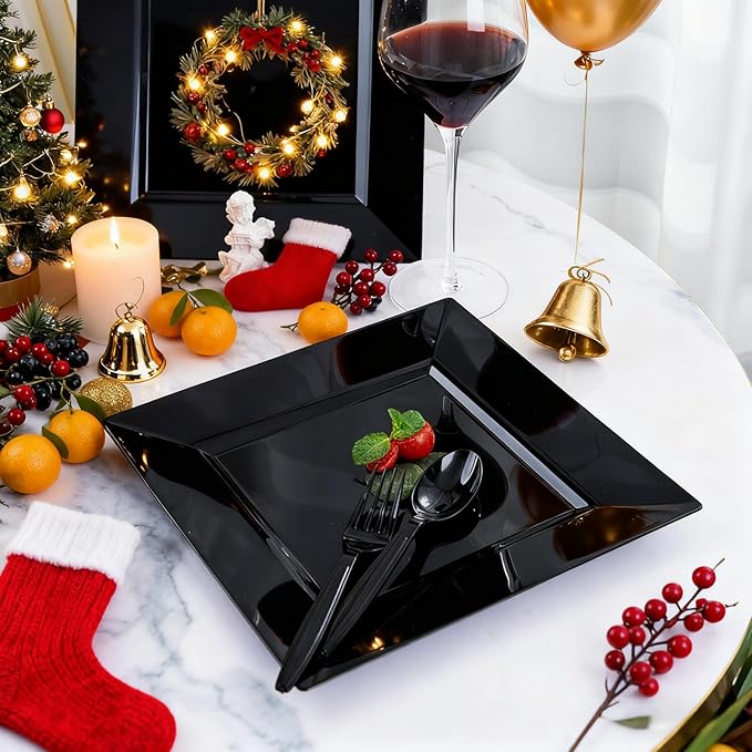 Liacere 60PCS Black Plastic Plates - Premium Square Disposable Plates - Include 30PCS 9.5inch Dinner Plates - 30PCS 7inch Dessert Plates for Party & New Year & Father's Day