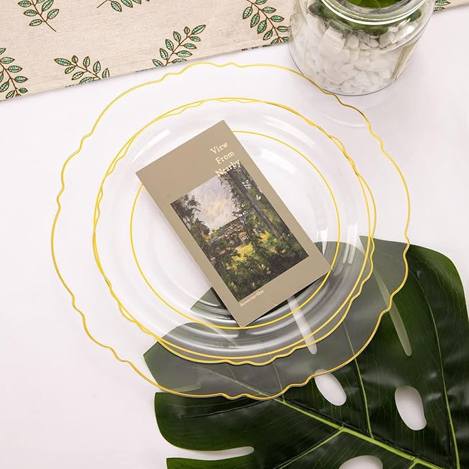 WDF 100pcs Clear Disposable Plastic Plates With Gold Trim - Baroque Clear Gold including 50PCS Dinner Plates 10.25inch and 50PCS Salad Plates 7.5inch for Wedding Birthday Valentine's Day