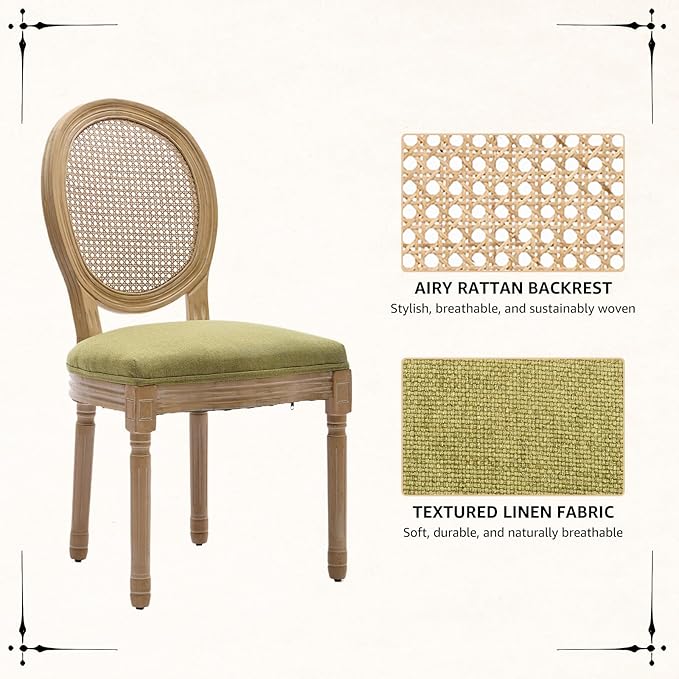 Vintage French Rattan Dining Chairs Set of 8, Round Back Accent Chairs with Rattan Backrest and Upholstered Linen Seat, Solid Frame Wood Sillas de Comedor for Dining Room & Kitchen, Olive Green