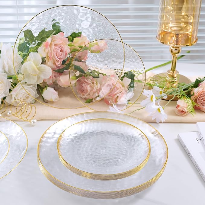 FOCUSLINE 60Pcs Clear Plastic Plates, Clear Disposable Plates with Gold Rim, 30 7" Salad Dessert Plate and 30 10" Dinner Plate Heavy-duty Hammered Plates for Party, Wedding