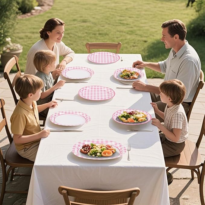 50Pcs Pink Gingham Oval Paper Plates 10" x 12" Large Disposable 400GSM Heavy DutyPink and White Buffalo Checked Plaid Dessert Plates for BBQ Picnic Birthday Summer Dinner Party Supplies Decorations