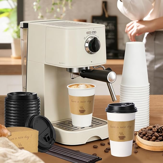 50 Pack 16 oz Disposable Coffee Cups with Lids, Paper Hot Coffee Cups with Sleeve and Straw, To Go Cups for Home, Office, and Party (White 16oz)