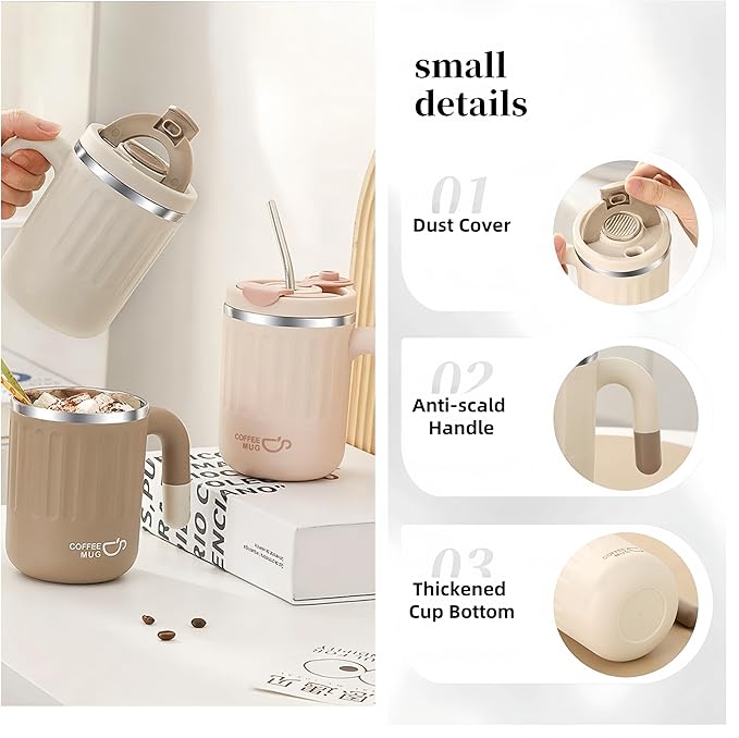 16oz Insulated Coffee Mugs - Ideal for Indoor Office Use. Features SUS 304 Inner, Double Wall Insulation, Detachable Silicone Ring. 3 Drinking Options. Available in White, Brown, Pink (Pink)