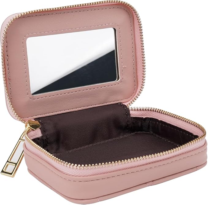 Lipstick Holder with Mirror for Purse, Genuine Leather Makeup Case, Compact Zippered Travel Cosmetic Organizer, Pink