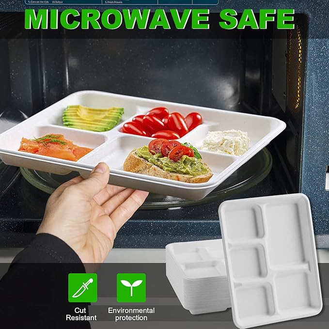 Go-Green 100% Compostable 5 Compartment Plates,Eco-Friendly Disposable Bagasse Tray,10 inch Heavy Duty School Lunch Tray,100 Pack