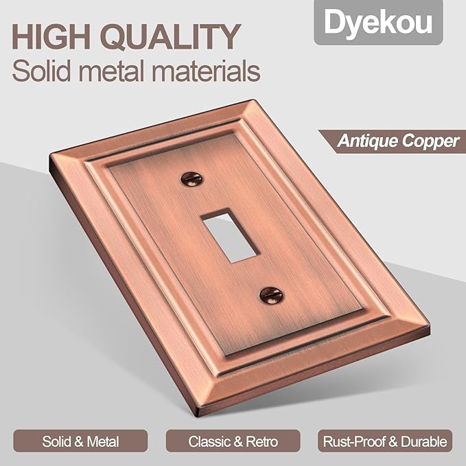 Antique Copper Light Switch Cover Plate Decorative Metal Switch Plates Outlet Cover, 1-Gang Wall Plate for Electrical Outlets (Single Toggle, 6 Pack)