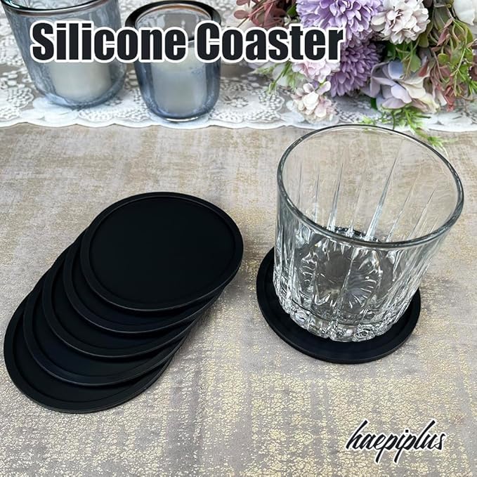 6 Pieces Silicone Coasters, Cup Coasters for Drinks, Heat Resistant Glass Cushion, Coffee Coaster for Table, Desk, Kitchen, Office, Bar Furniture Protection, Hot Cup Mat (Black)