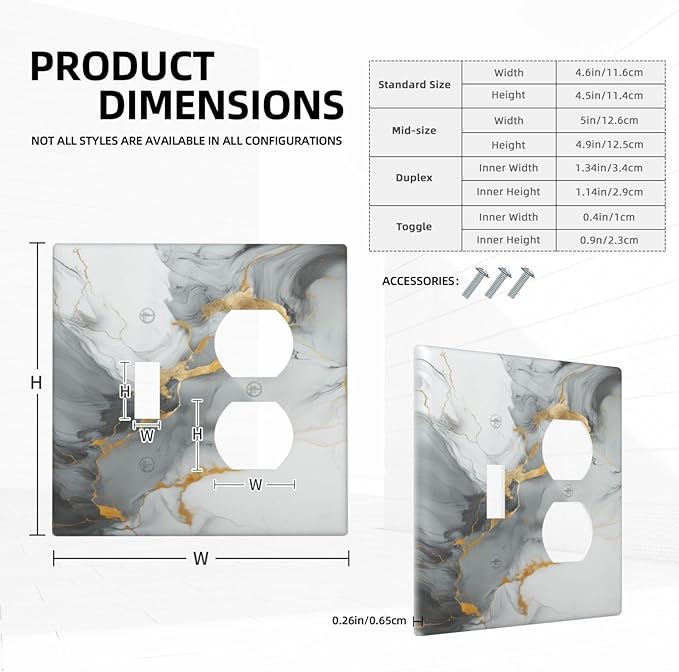 Light Switch Cover Plate Gray/Gold Marble Abstract Modern Luxury 2 Gang Decorative Switch Plates 1 Toggle Duplex Combo Outlet Covers GFCI Wall Plates for Bathroom Bedroom Decor